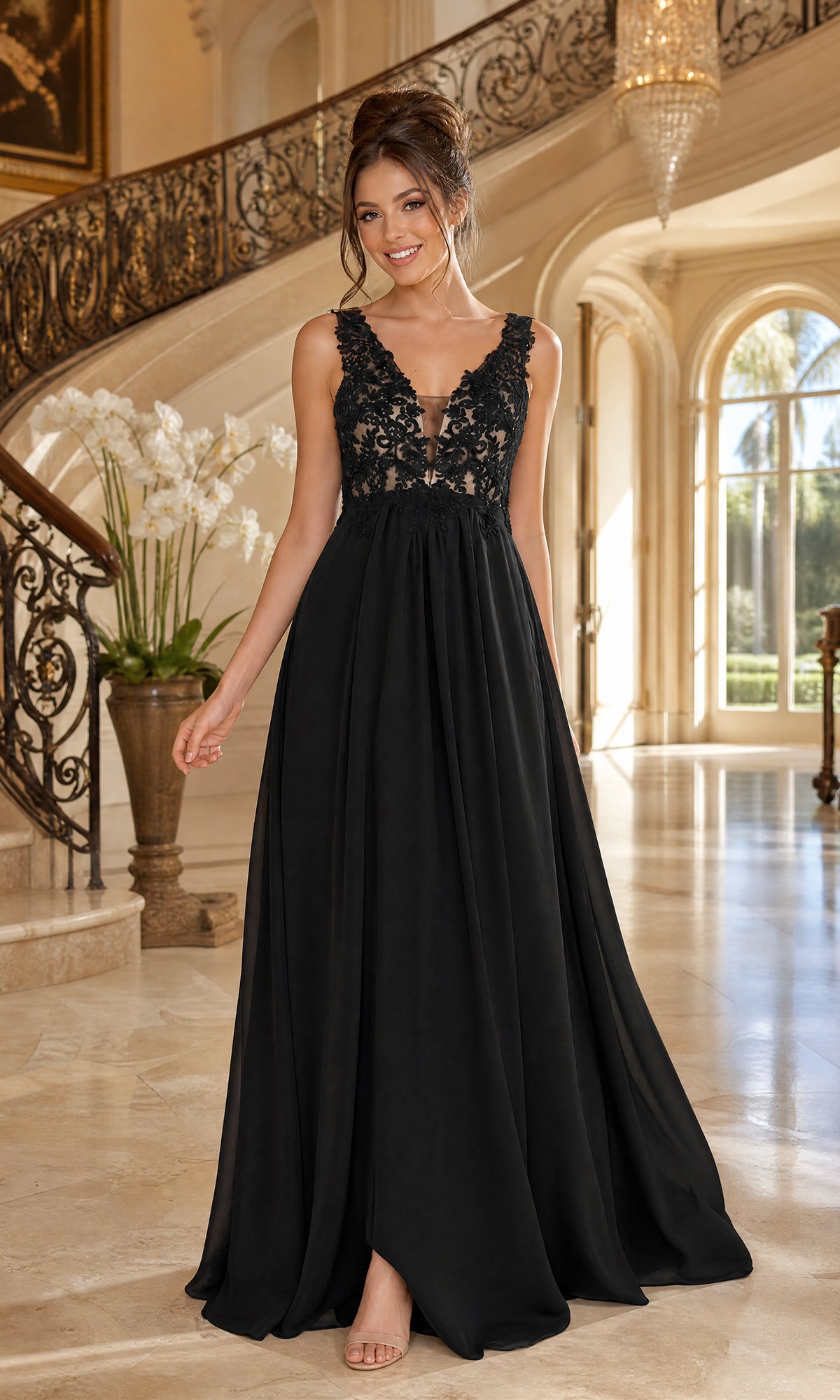 In a spacious, elegant foyer, a woman wears the Sleeveless V-Neck Chiffon Long Prom Dress 8012 in black, featuring an open back and a long flowing skirt.